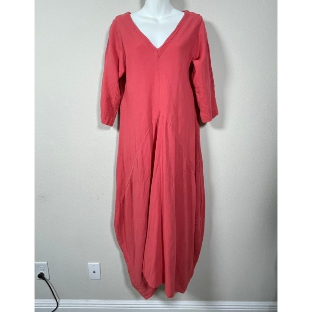 Oh My Gauze! Maxi Dress Women Pink Coastal Lagenlook Cotton V-Neck 3/4 Sleeve